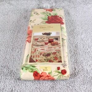 Claire Rose 70" Tablecloth Red Cream Floral Rose Round Cotton Blend